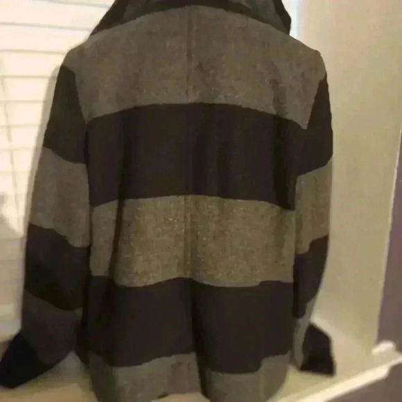 Women's Old Navy Wool Blend Hooded Toggle Coat Size L Black Grey Striped - Picture 12 of 13